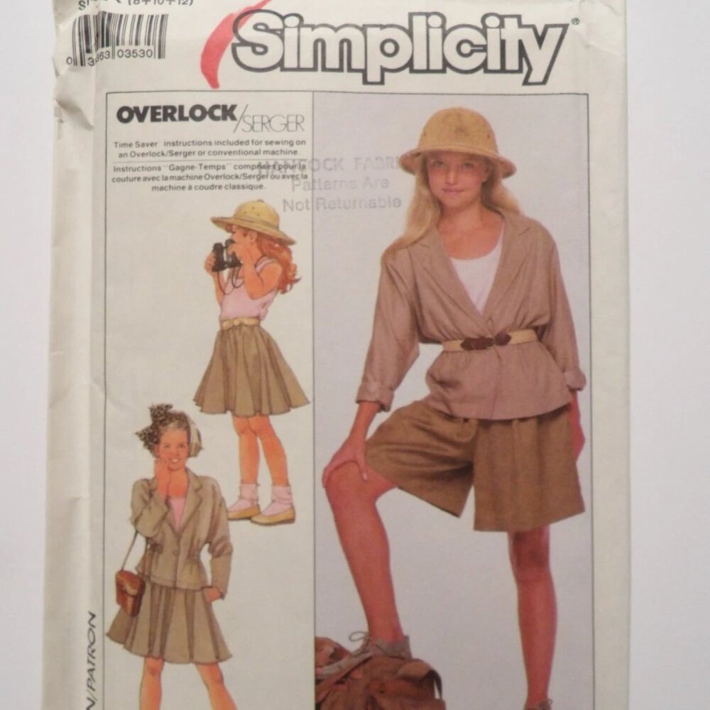 Simplicity 8459 Girls Skirt, Split Skirt, Shorts and Top Sizes 8-10-12